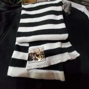 Baby Phat Black and White Striped Scarf with Gold Logo